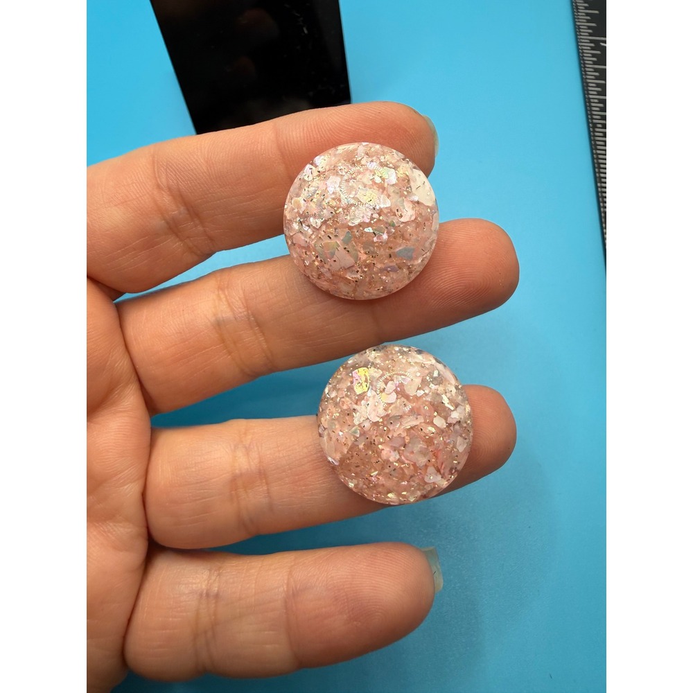 Vintage Pink‎ Resin Confetti Glitter Domed Button Screw Back Earrings Retro